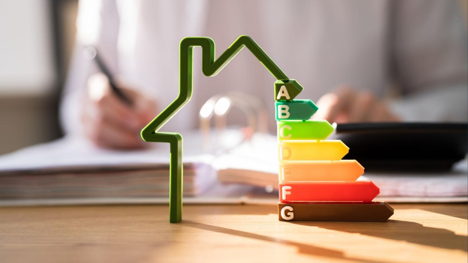 A visual representation of calculating energy efficiency in a home, showing the BER ratings from A-G.