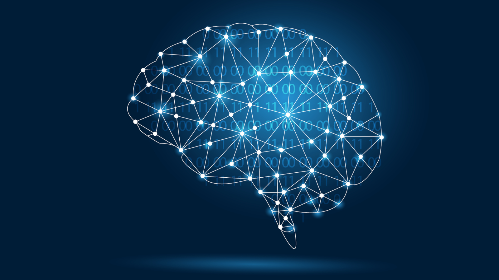 A digital illustration of a human brain composed of interconnected white nodes and lines, forming a network pattern. The background is dark blue with binary code (0s and 1s) faintly visible within the brain shape, symbolizing artificial intelligence or neural networks.